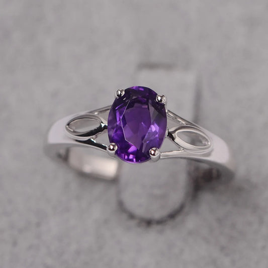 Natural Oval Cut Amethyst Solitaire Ring - 925 Sterling Silver Ring