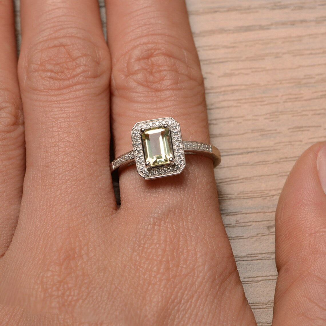 Natural Emerald Cut Lemon Quartz Halo Rings - 925 Sterling  Silver Rings