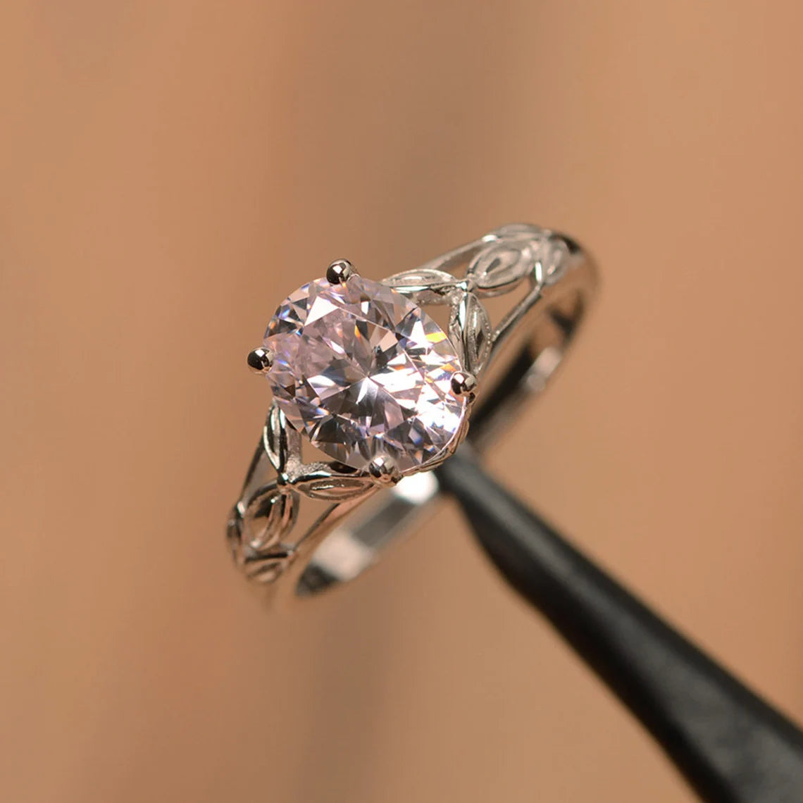 Pink Cubic Zirconia Oval Cut Solitaire Statement Ring - 925 Sterling Silver Ring