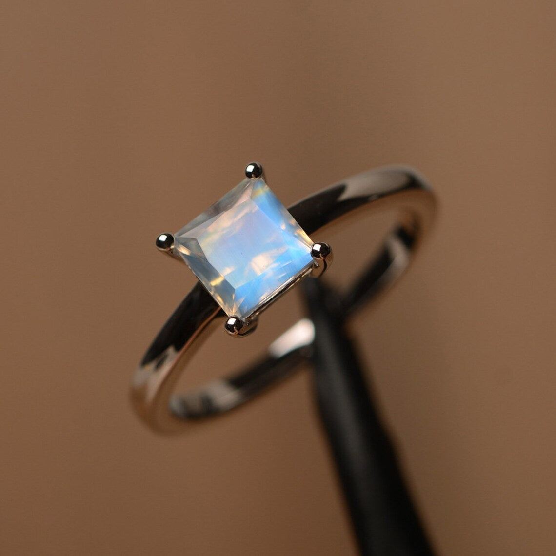 Natural Square Cut Rainbow Moonstone Solitaire Ring - 925 Sterling Silver Ring