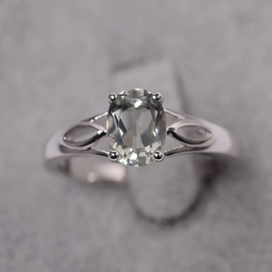 Natural Oval Cut Green Amethyst Solitaire Ring - 925 Sterling Silver Ring