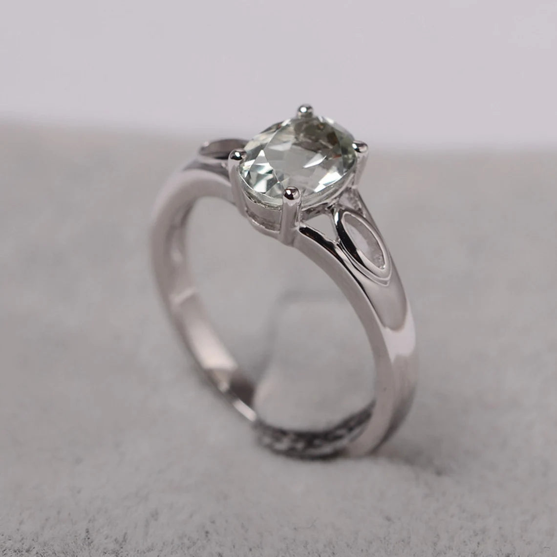 Natural Oval Cut Green Amethyst Solitaire Ring - 925 Sterling Silver Ring