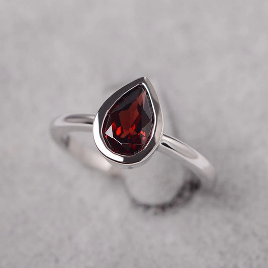 Natural Teardrop Garnet Solitaire Ring  - 925 Sterling Silver Ring