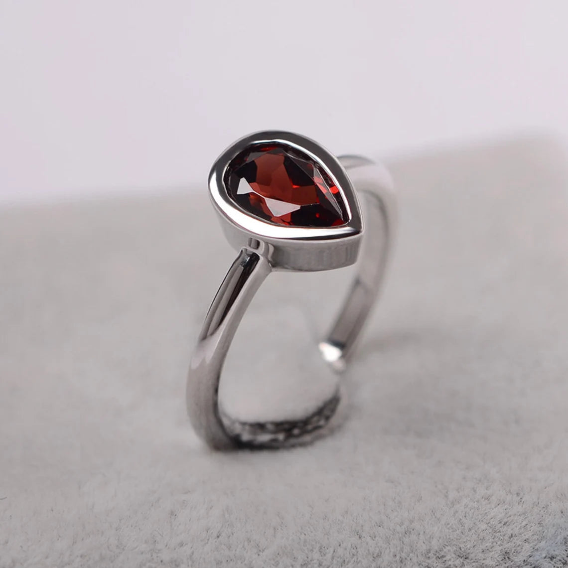 Natural Teardrop Garnet Solitaire Ring  - 925 Sterling Silver Ring