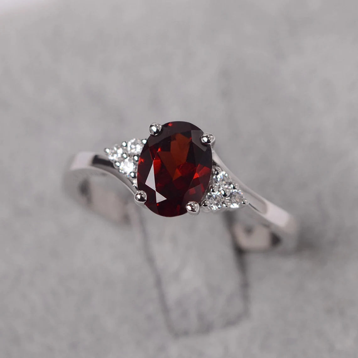 Natural Oval Cut Garnet Solitaire Ring  - 925 Sterling Silver Ring