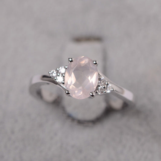 Bague de mariage en quartz rose taille ovale naturelle - Bague en argent sterling 925