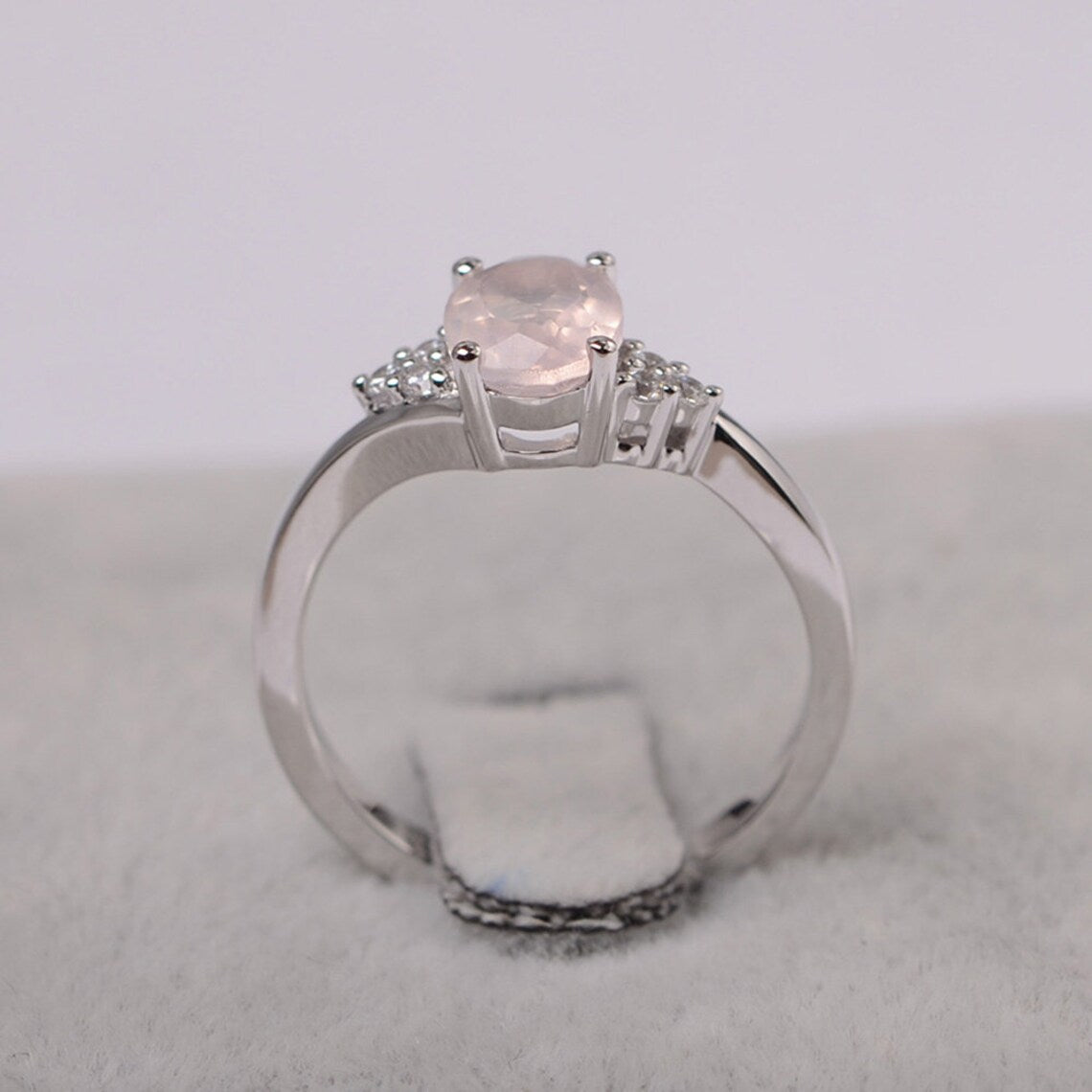 Natural Oval Cut Rose Quartz Wedding Ring - 925 Sterling Silver Ring