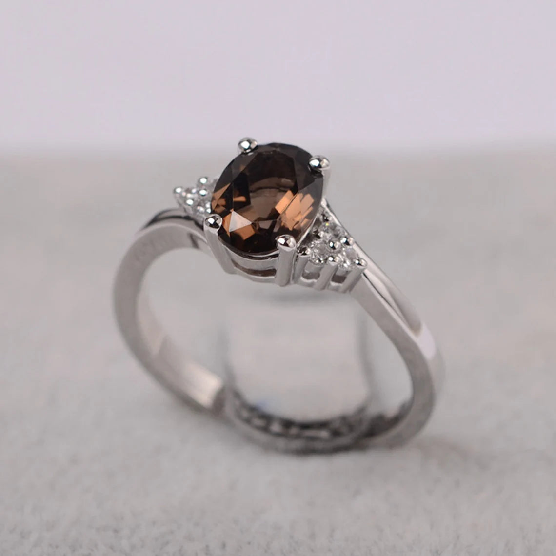 Natural Oval Cut Smoky Quartz Wedding Rings - 925 Sterling Silver Ring