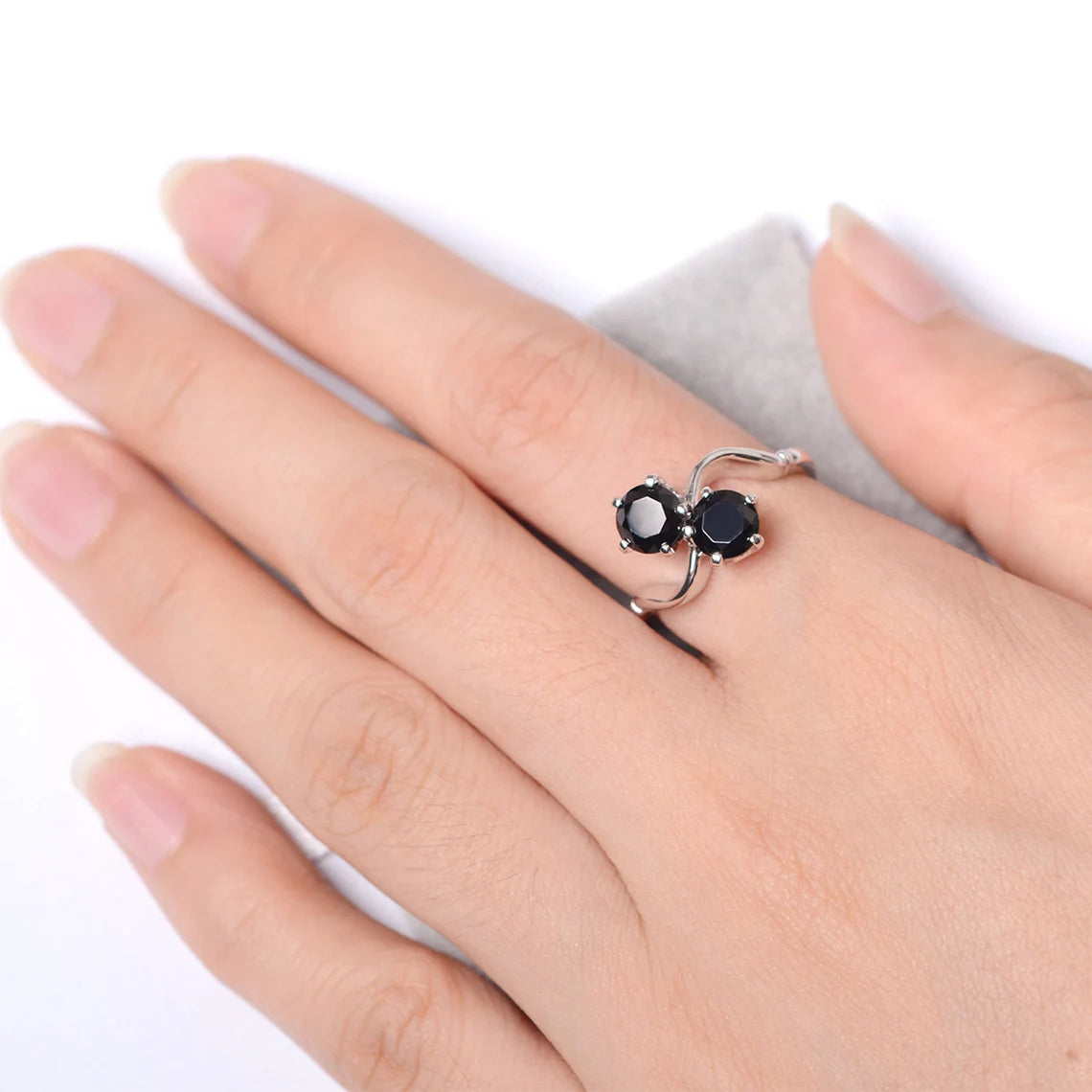 Bague de fiançailles à deux pierres en onyx noir taille ronde naturelle - Bague en argent sterling 925