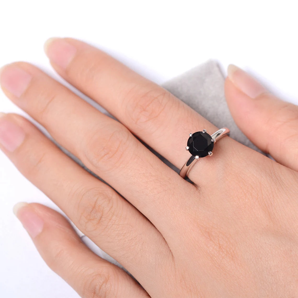 Bague solitaire en onyx noir taille ronde naturelle - Bague en argent sterling 925