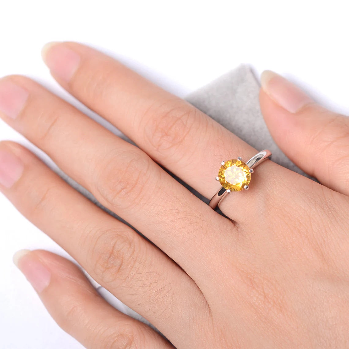 Bague solitaire citrine ronde naturelle - Bague en argent sterling 925