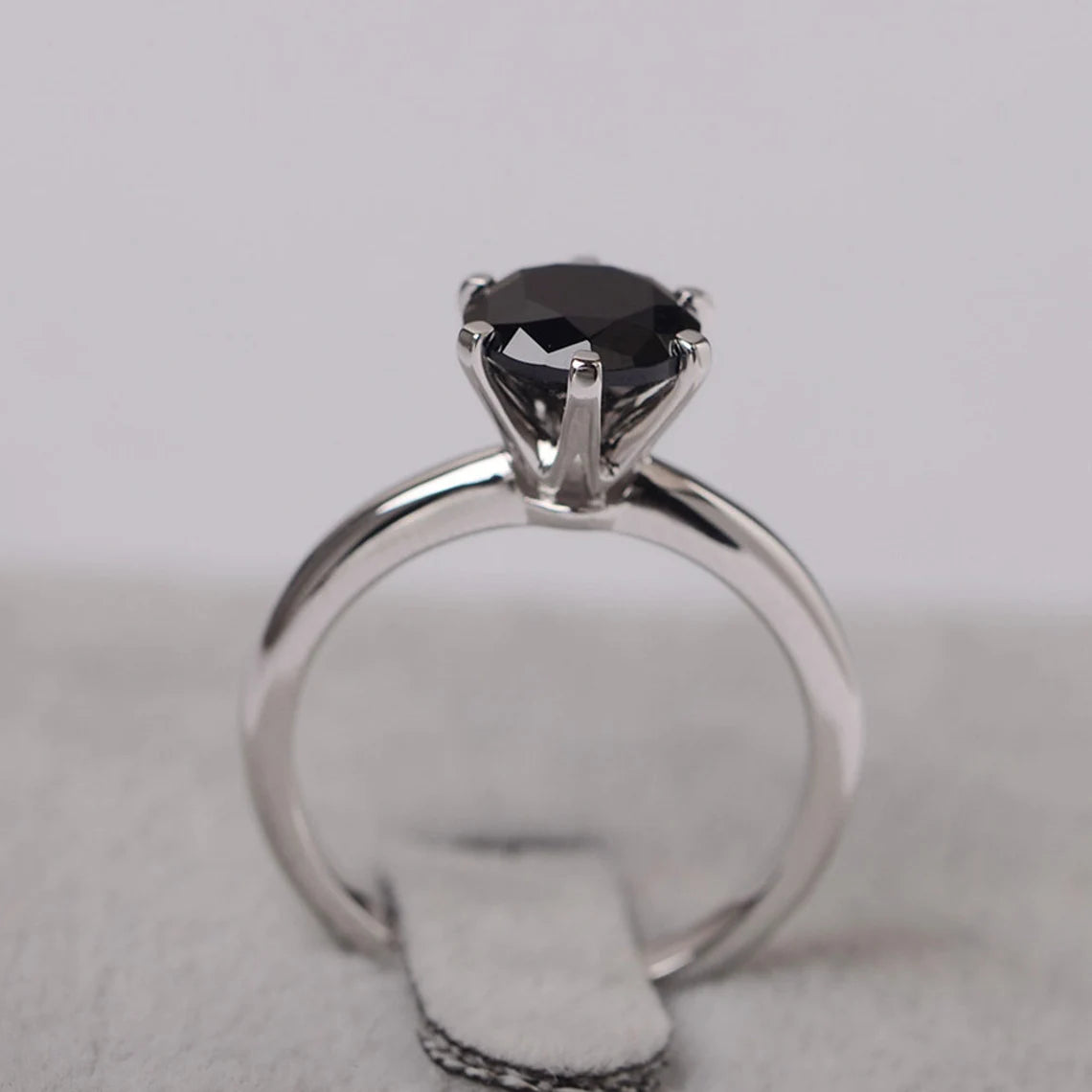 Natural Round Cut Black Onyx Solitaire Ring - 925 Sterling Silver Ring