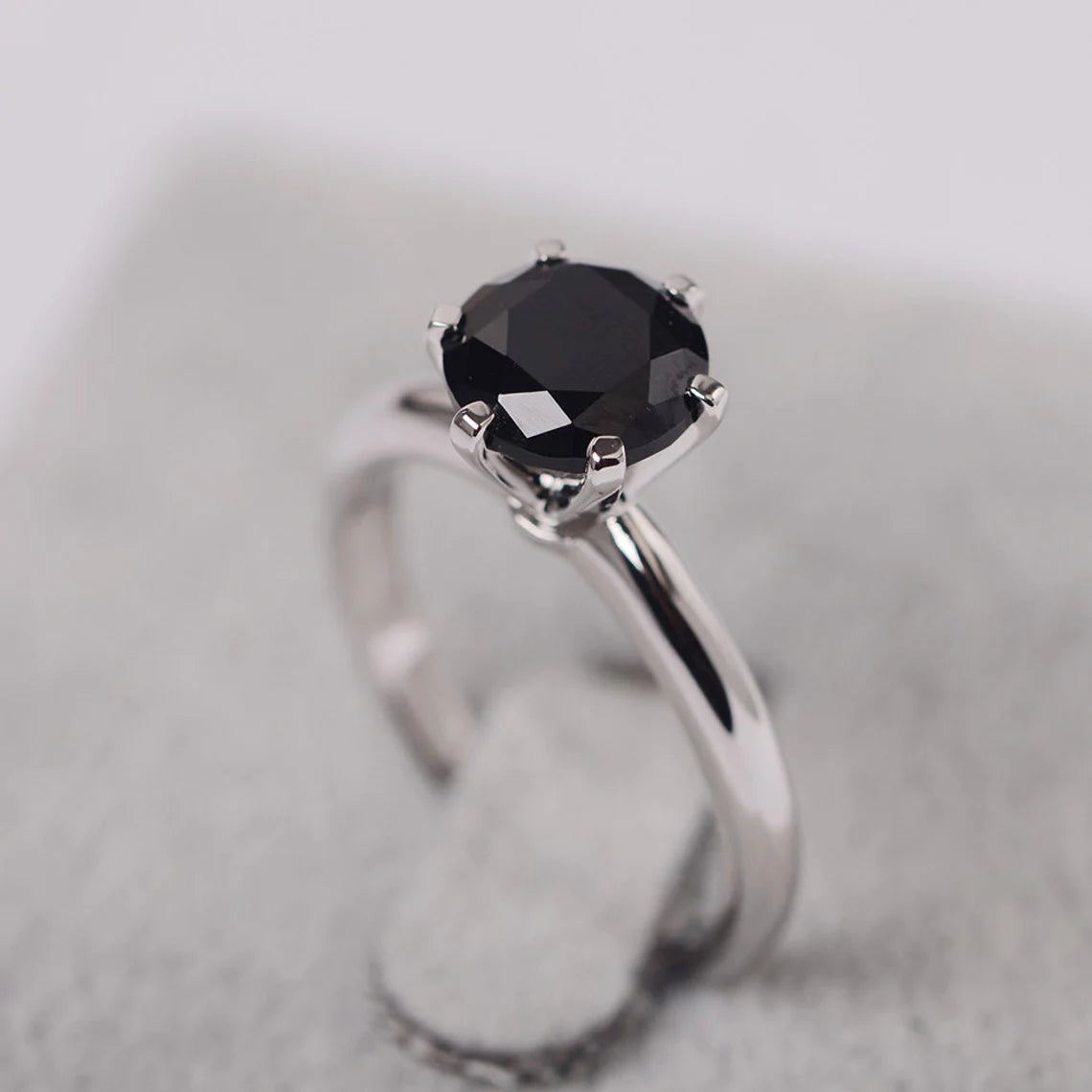 Natural Round Cut Black Onyx Solitaire Ring - 925 Sterling Silver Ring