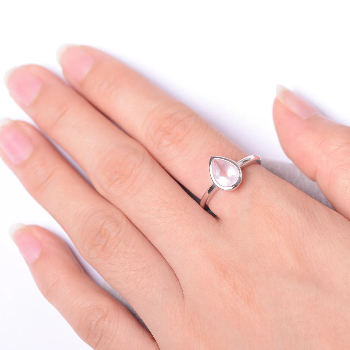 Natural Pear Cut Rose Quartz Promise Ring - 925 Sterling Silver Ring