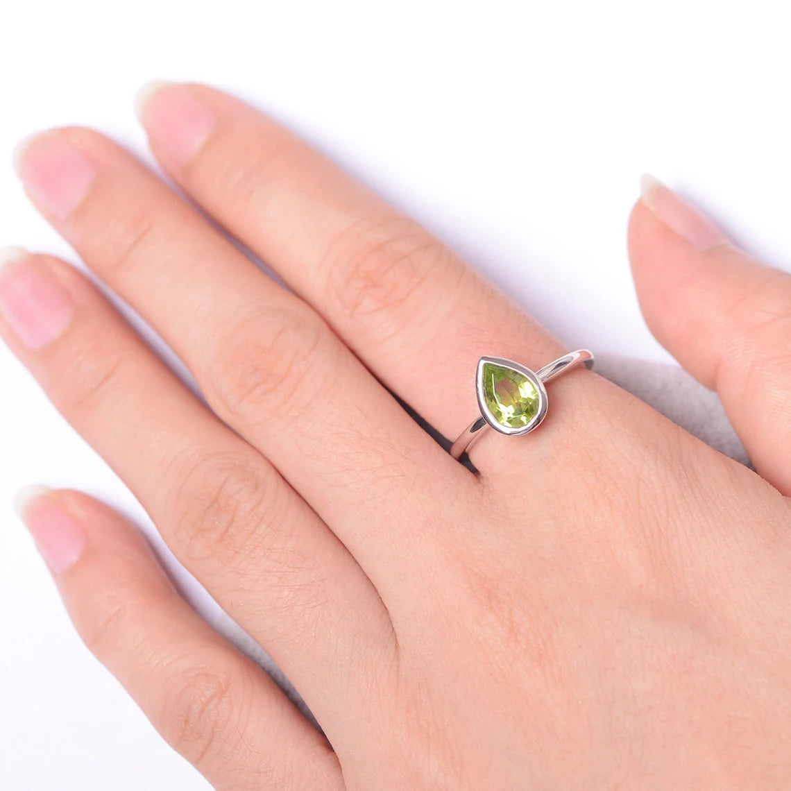 Natural Teardrop Cut Peridot Engagement Ring - 925 Sterling Silver Ring