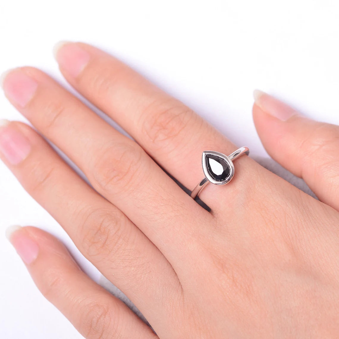 Bague de promesse en onyx noir coupé en forme de larme naturelle - Bague en argent sterling 925