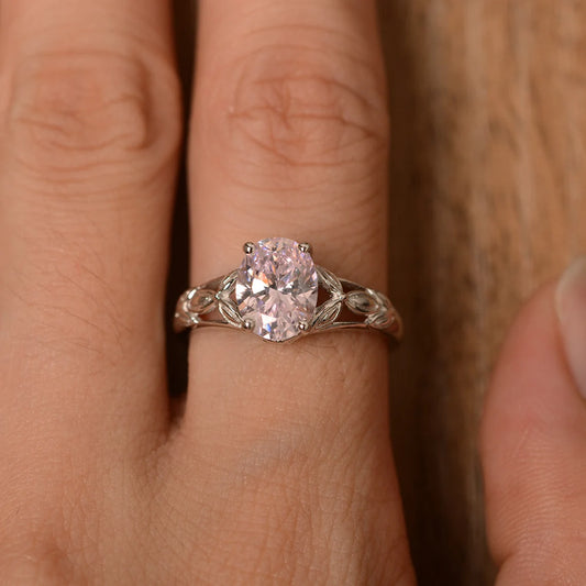 Bague solitaire ovale en zircone cubique rose - Bague en argent sterling 925