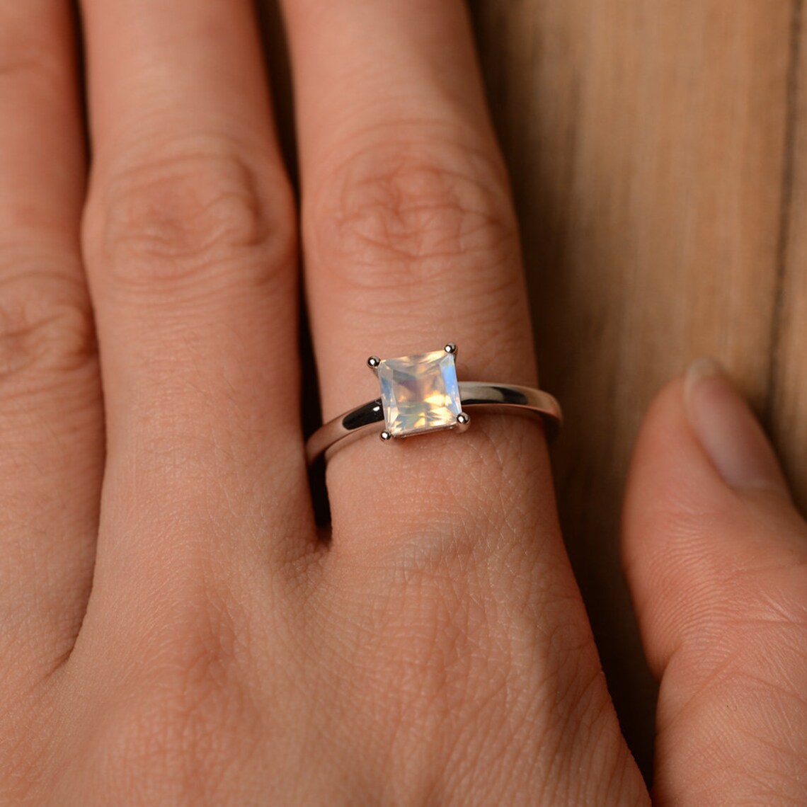 Natural Square Cut Rainbow Moonstone Solitaire Ring - 925 Sterling Silver Ring