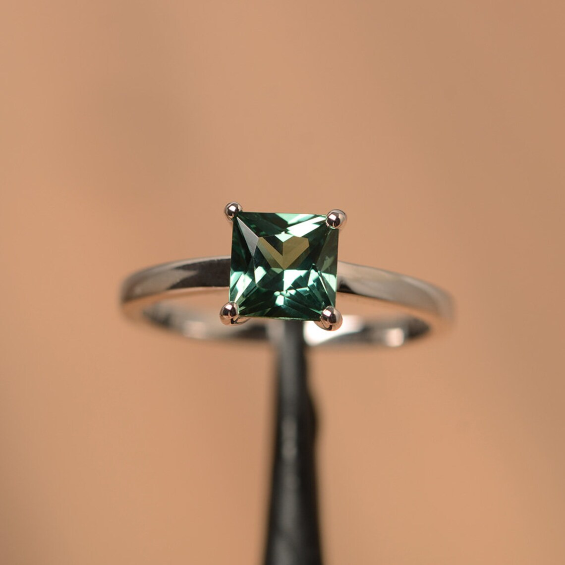 Green Sapphire Square Cut Solitaire Ring - 925 Sterling Silver Ring