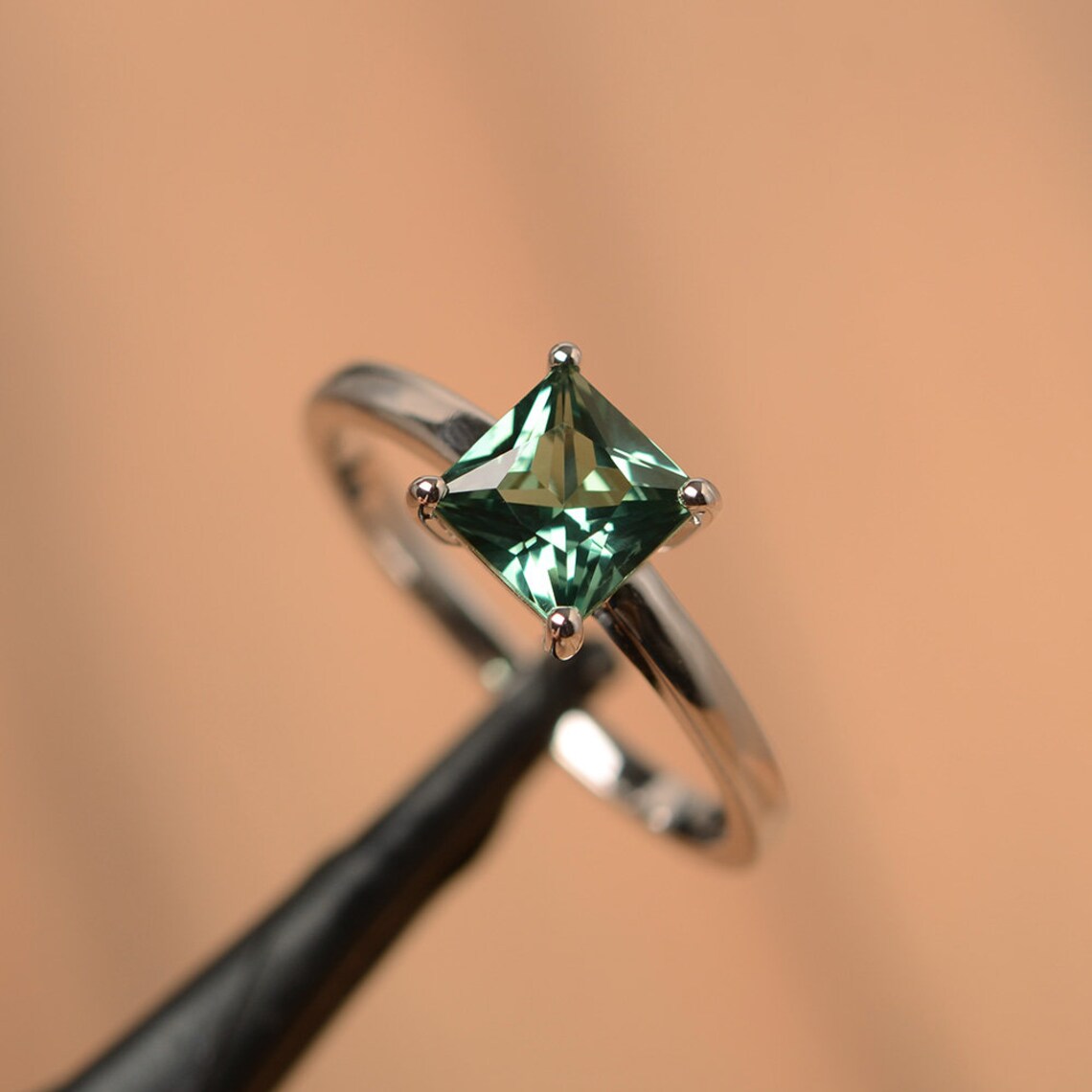 Green Sapphire Square Cut Solitaire Ring - 925 Sterling Silver Ring