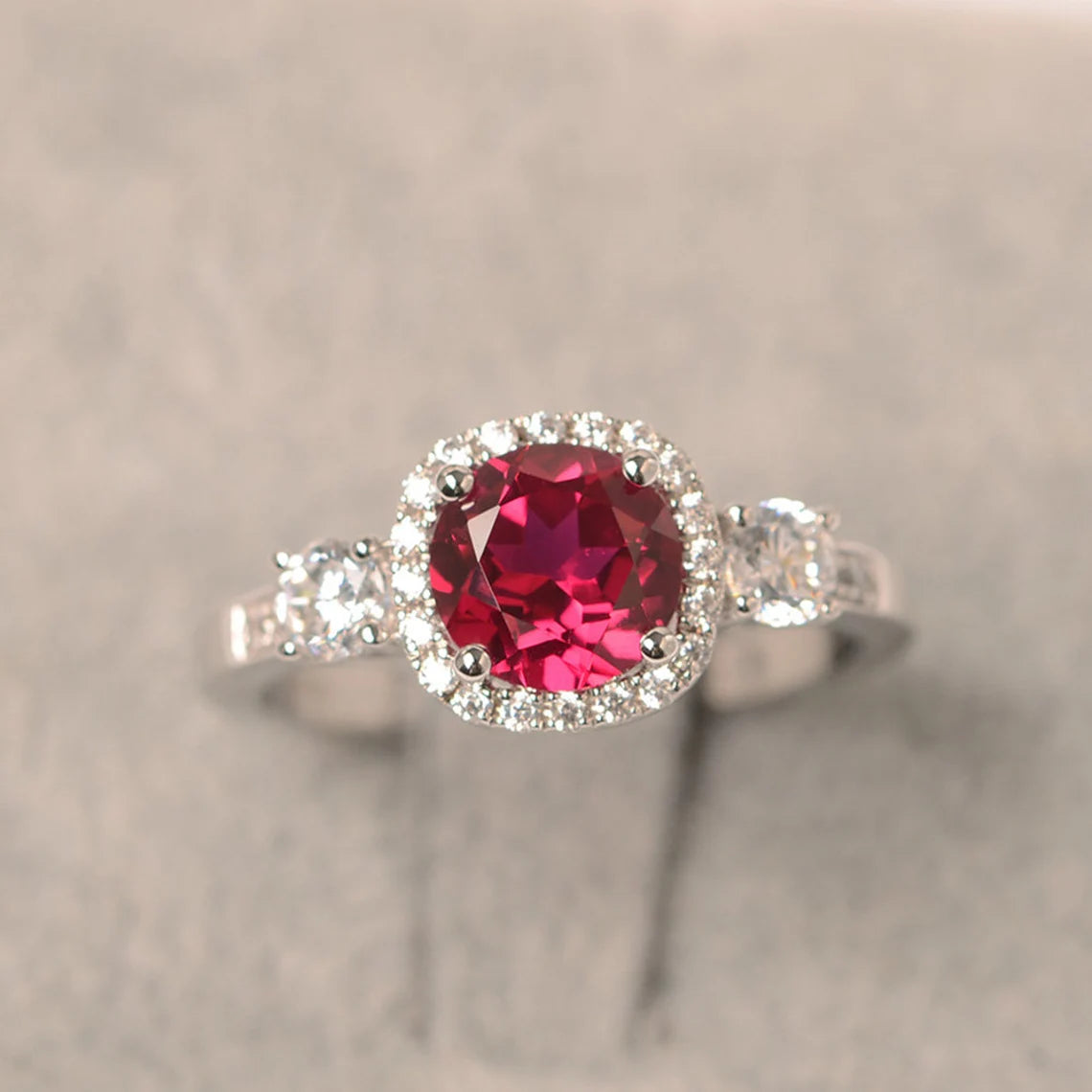 Ruby Round Cut Halo Ring - 925 Sterling Silver RIng