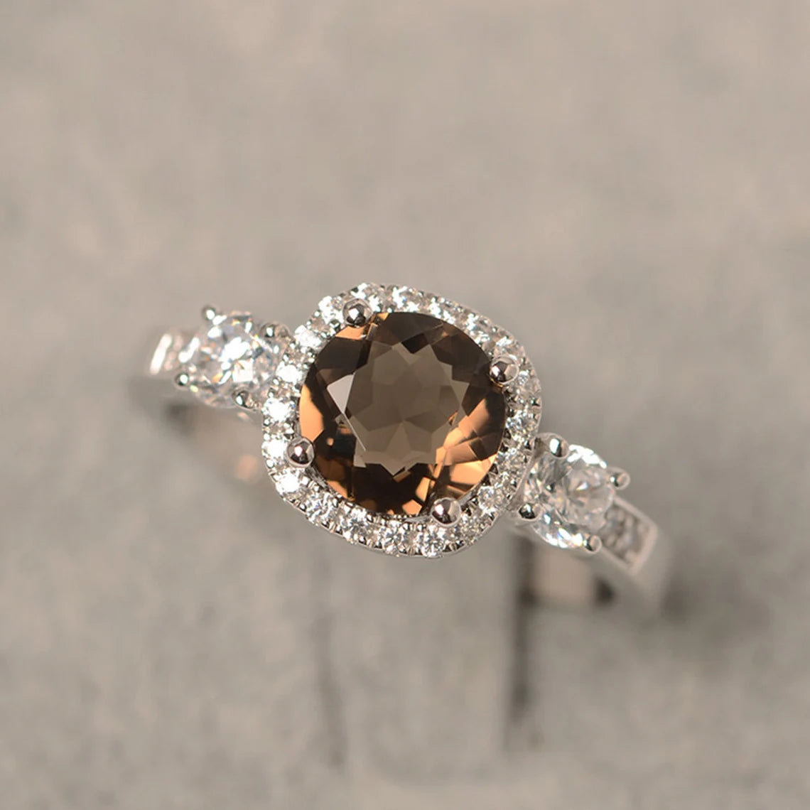 Natural Round Cut Smoky Quartz Halo Wedding Ring - 925 Sterling Silver RIng