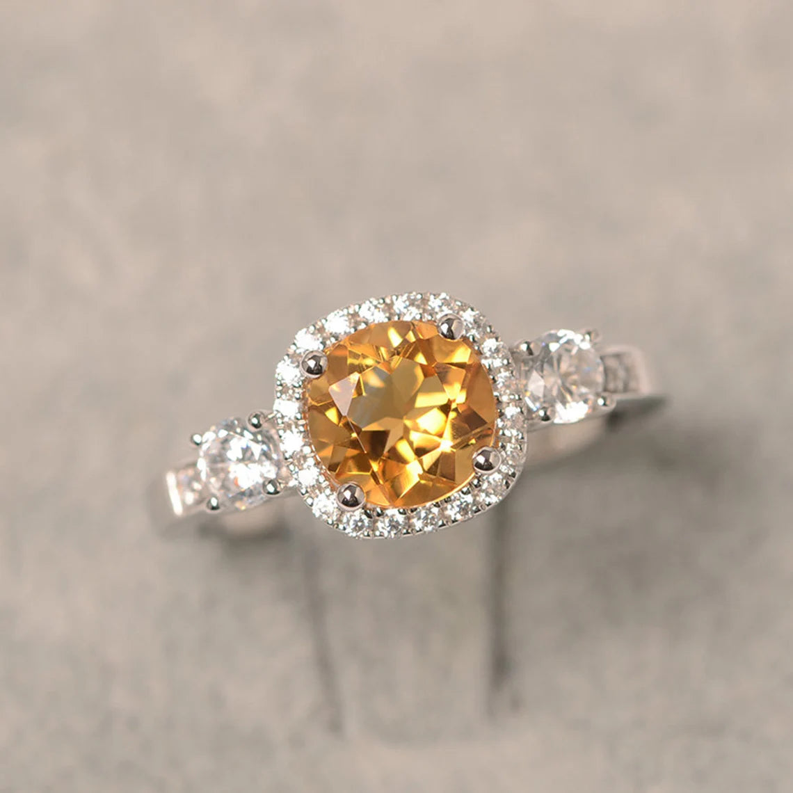 Natural Round Cut Citrine Wedding Halo Ring - 925 Sterling Silver Ring