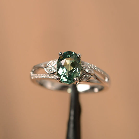 Lab Created Oval Cut Green Sapphire Vintage Ring