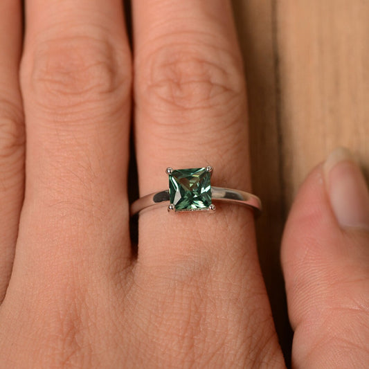 Green Sapphire Square Cut Solitaire Ring - 925 Sterling Silver Ring