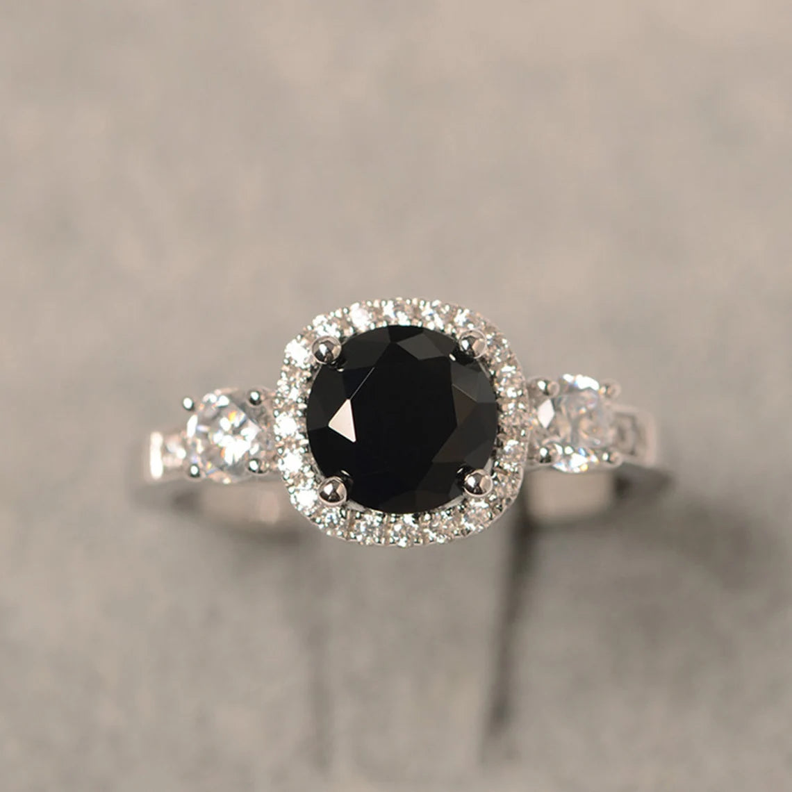 Natural Round Cut Black Onyx Wedding Halo Ring - 925 Sterling Silver Ring