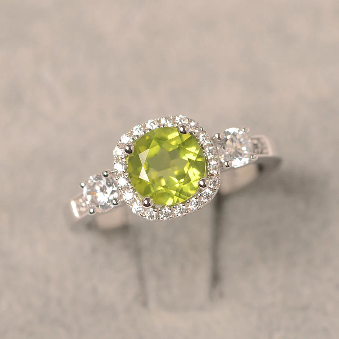 Natural Round Cut Peridot Wedding Halo Ring - 925 Sterling Silver Ring