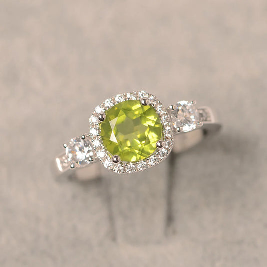 Natural Round Cut Peridot Wedding Halo Ring - 925 Sterling Silver Ring