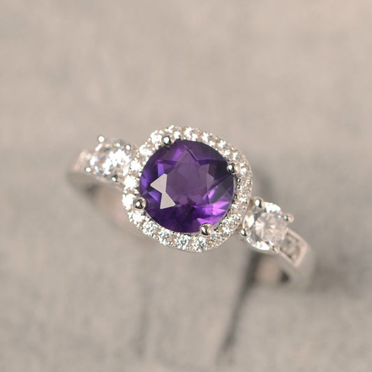 Natural Round Cut Amethyst Solitaire Ring - 925 Sterling Silver Ring