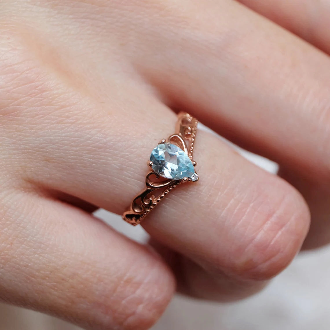 Vintage Crown Ring - Swiss Blue Topaz Engagement Ring - 14k Rose Gold Vermeil Ring