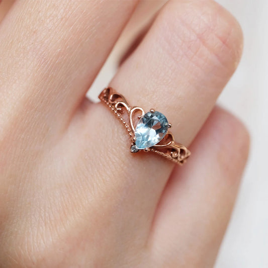 Vintage Crown Ring - Swiss Blue Topaz Engagement Ring - 14k Rose Gold Vermeil Ring