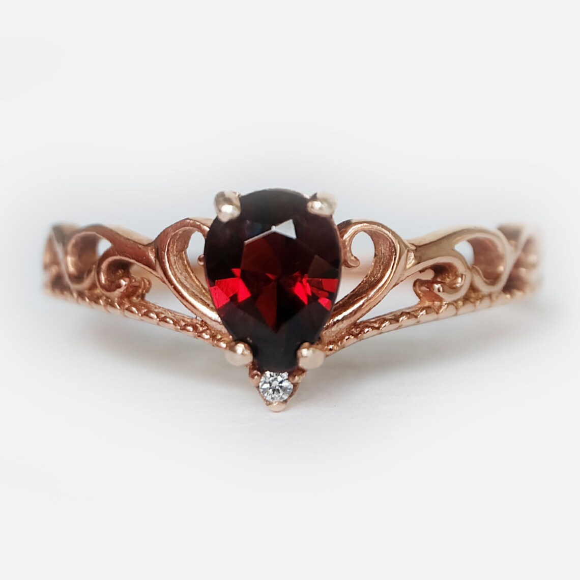 Vintage Crown Ring - Garnet Engagement 14k Rose Gold Vermeil Ring