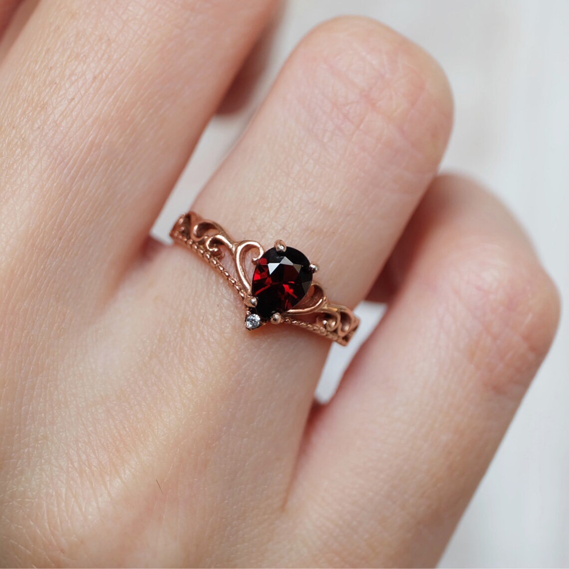 Vintage Crown Ring - Garnet Engagement 14k Rose Gold Vermeil Ring