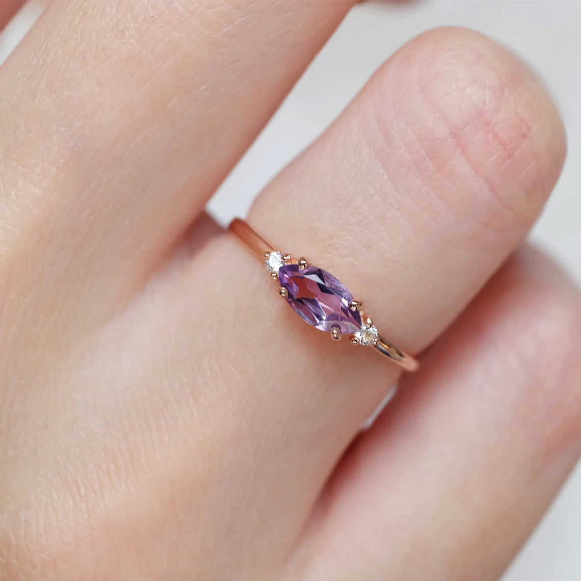 Natürlicher Amethyst-Statement-Ring im Marquise-Schliff – 14-karätiger Roségold-Vermeil-Ring