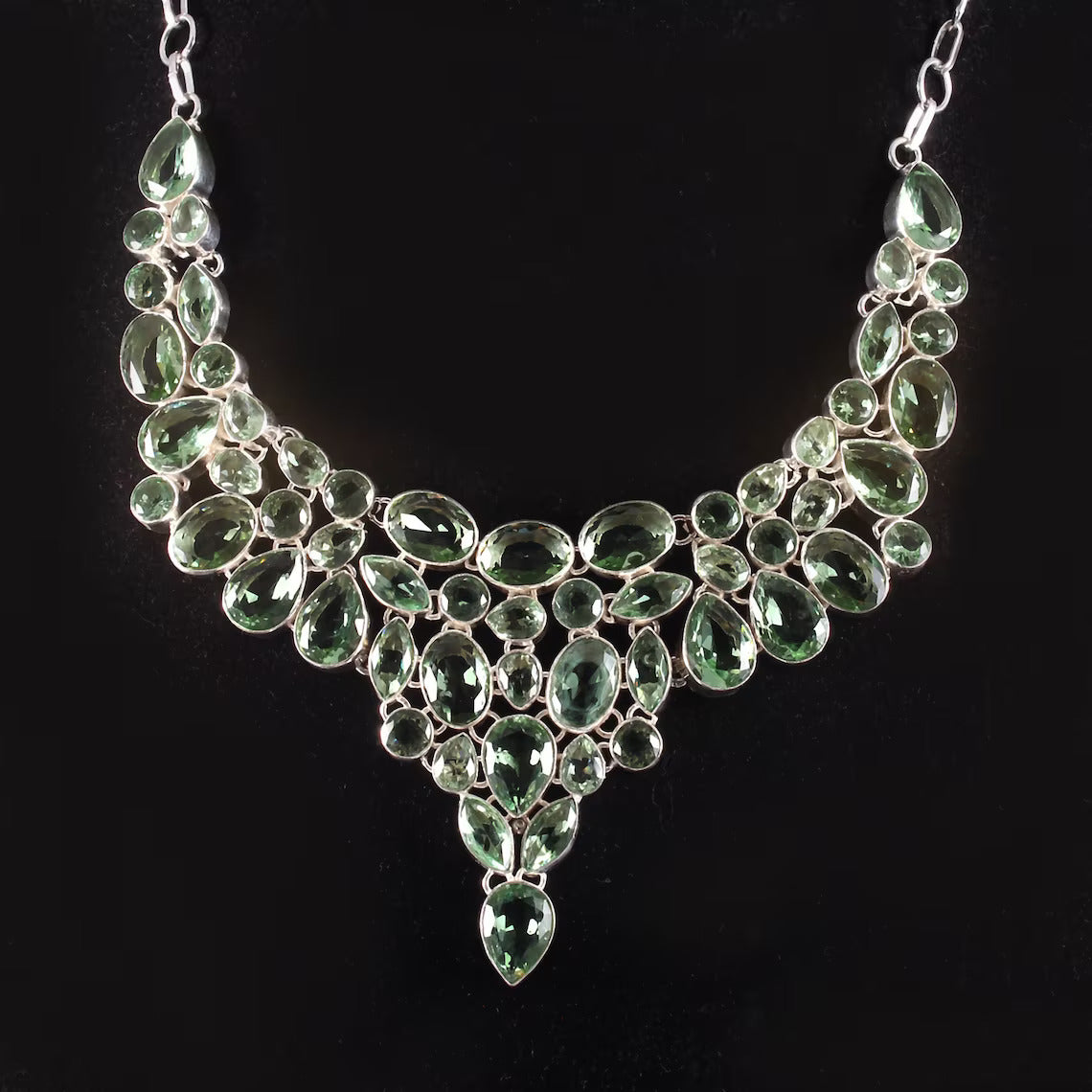 Natural Green Amethyst Vintage Bib Necklace  - 925 Sterling Silver Wedding Necklace