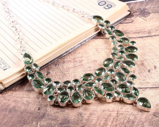 Natural Green Amethyst Vintage Bib Necklace  - 925 Sterling Silver Wedding Necklace