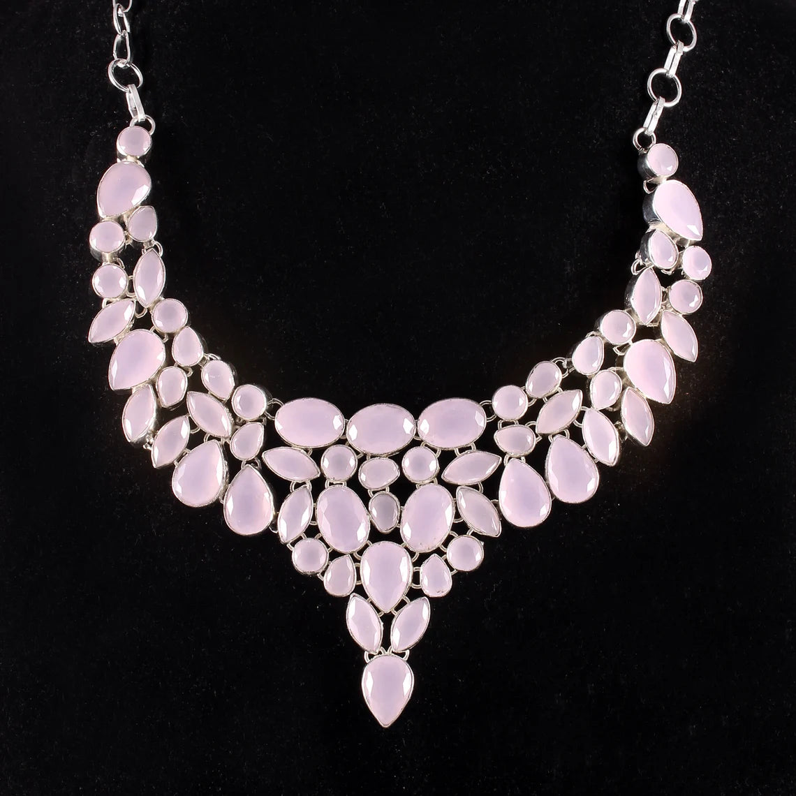 Natural Rose Quartz Bib Necklace For Wedding - 925 Sterling Silver Necklace