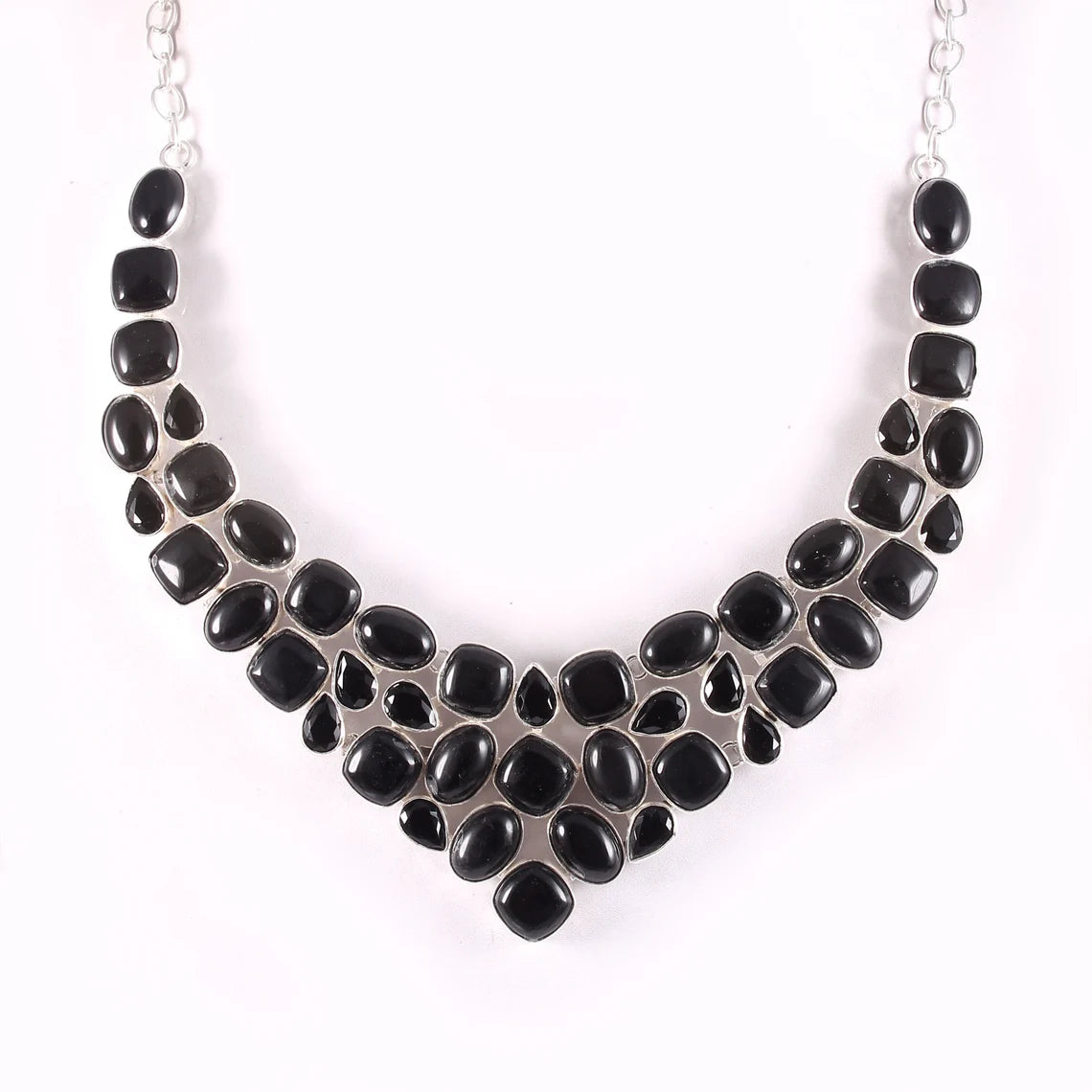 Natural Cabochon Black Onyx Bib Necklace  - 925 Sterling Silver Wedding Necklace