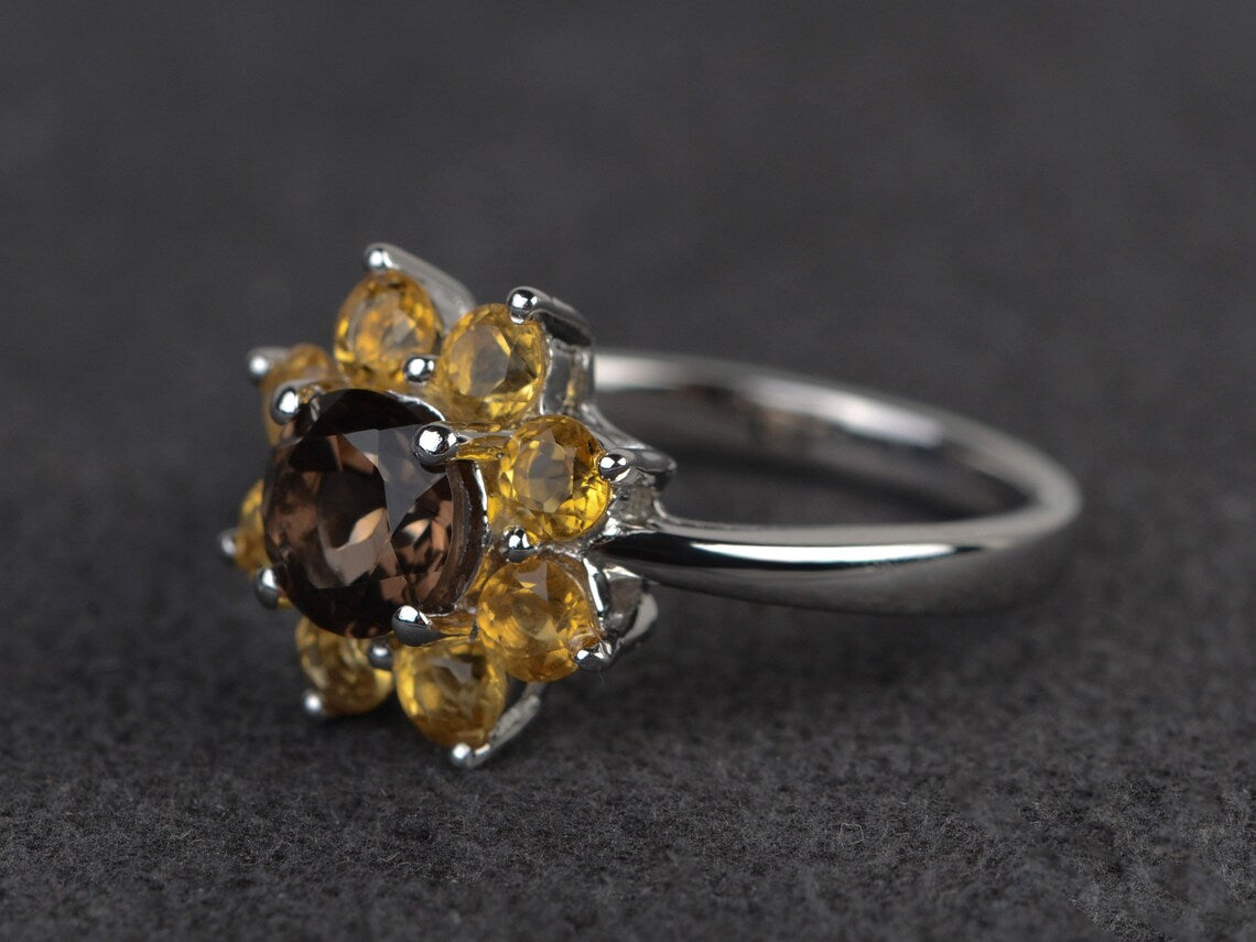 Bague halo de quartz fumé naturel et citrine - Bague en argent sterling 925