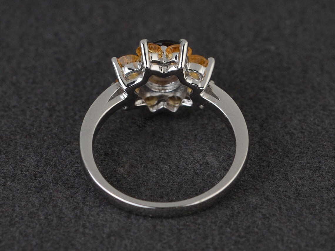 Bague halo de quartz fumé naturel et citrine - Bague en argent sterling 925