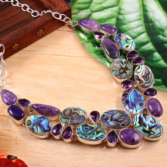 Purple Charoite ,Abalone Shell And Amethyst 925 Sterling Silver Bib Necklace