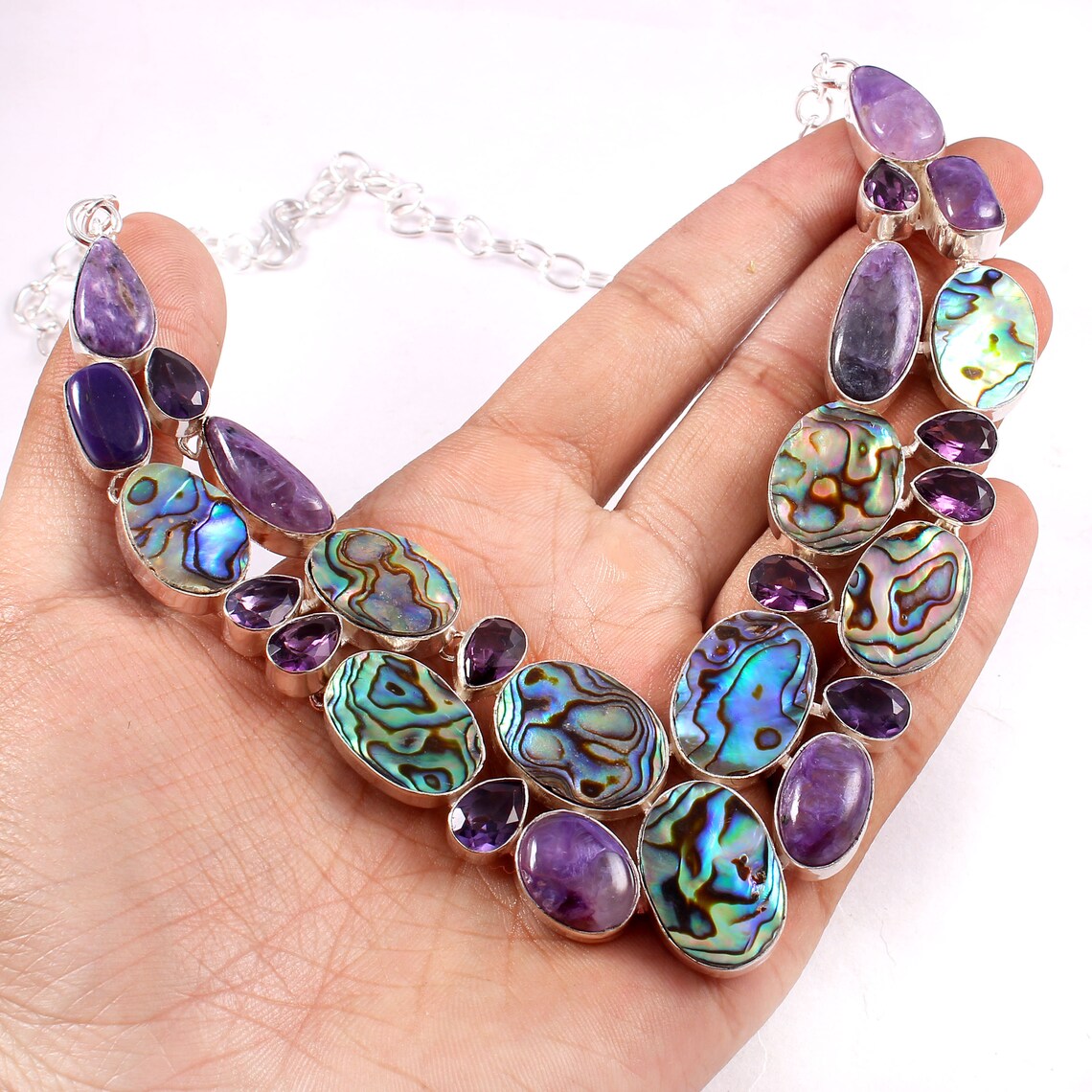Purple Charoite ,Abalone Shell And Amethyst 925 Sterling Silver Bib Necklace