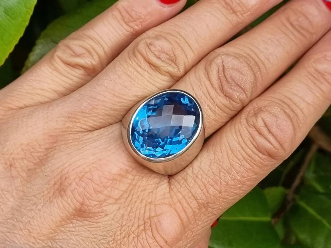 vintage Grande bague topaze bleue suisse - Bagues en argent sterling 925 - Chevalières