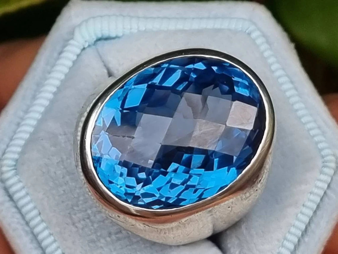 vintage Grande bague topaze bleue suisse - Bagues en argent sterling 925 - Chevalières