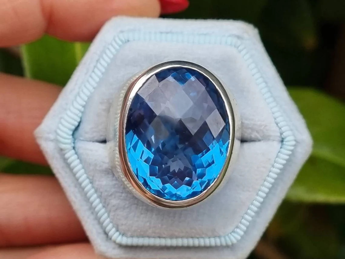 vintage Grande bague topaze bleue suisse - Bagues en argent sterling 925 - Chevalières