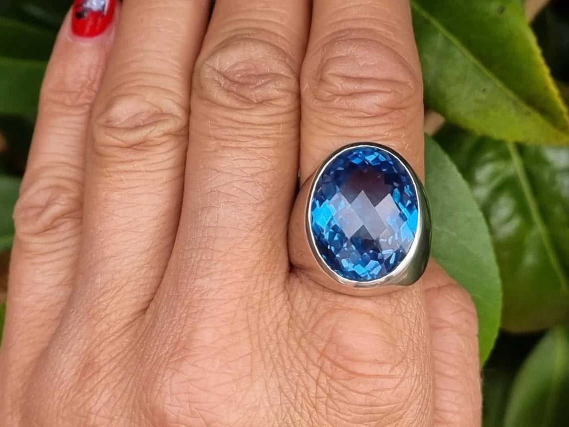 vintage Grande bague topaze bleue suisse - Bagues en argent sterling 925 - Chevalières